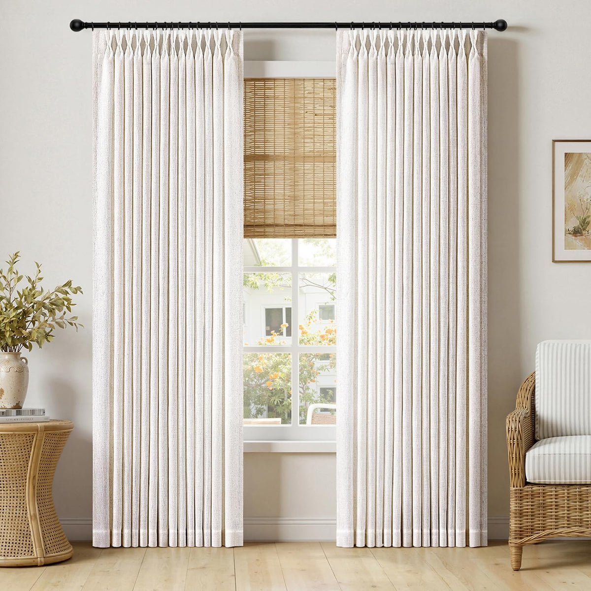 MIULEE Pinch Pleated Linen Curtains 96 Inches Long Beige White 2 Panels