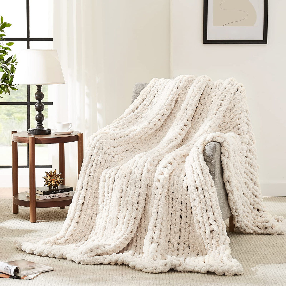 L'AGRATY Chunky Knit Throw Blanket for Couch, 50'' x 60'' Knit Throw, Ivory