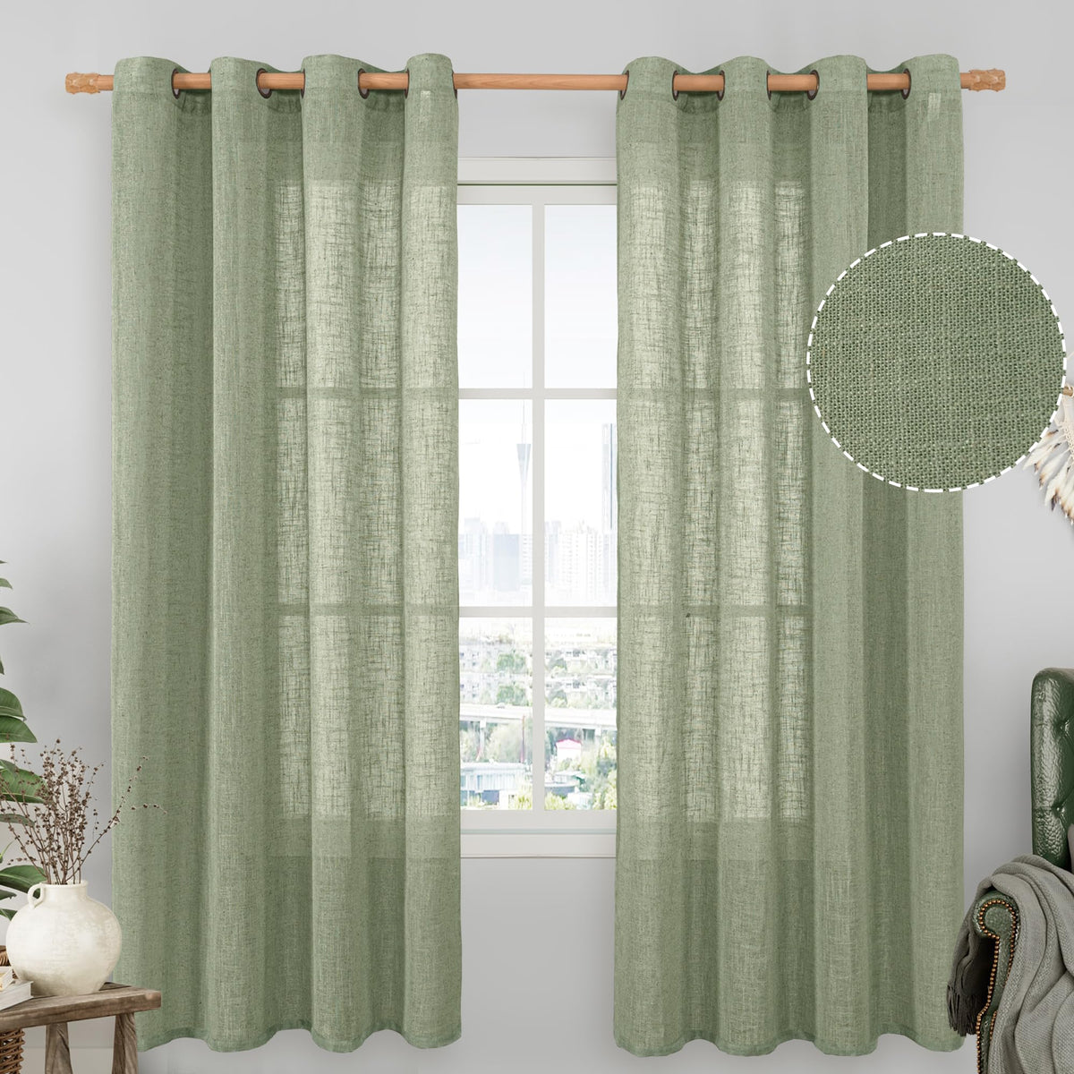 LAMIT Cream Ivory Linen Semi Sheer Curtains 84 inch Length for Bedroom