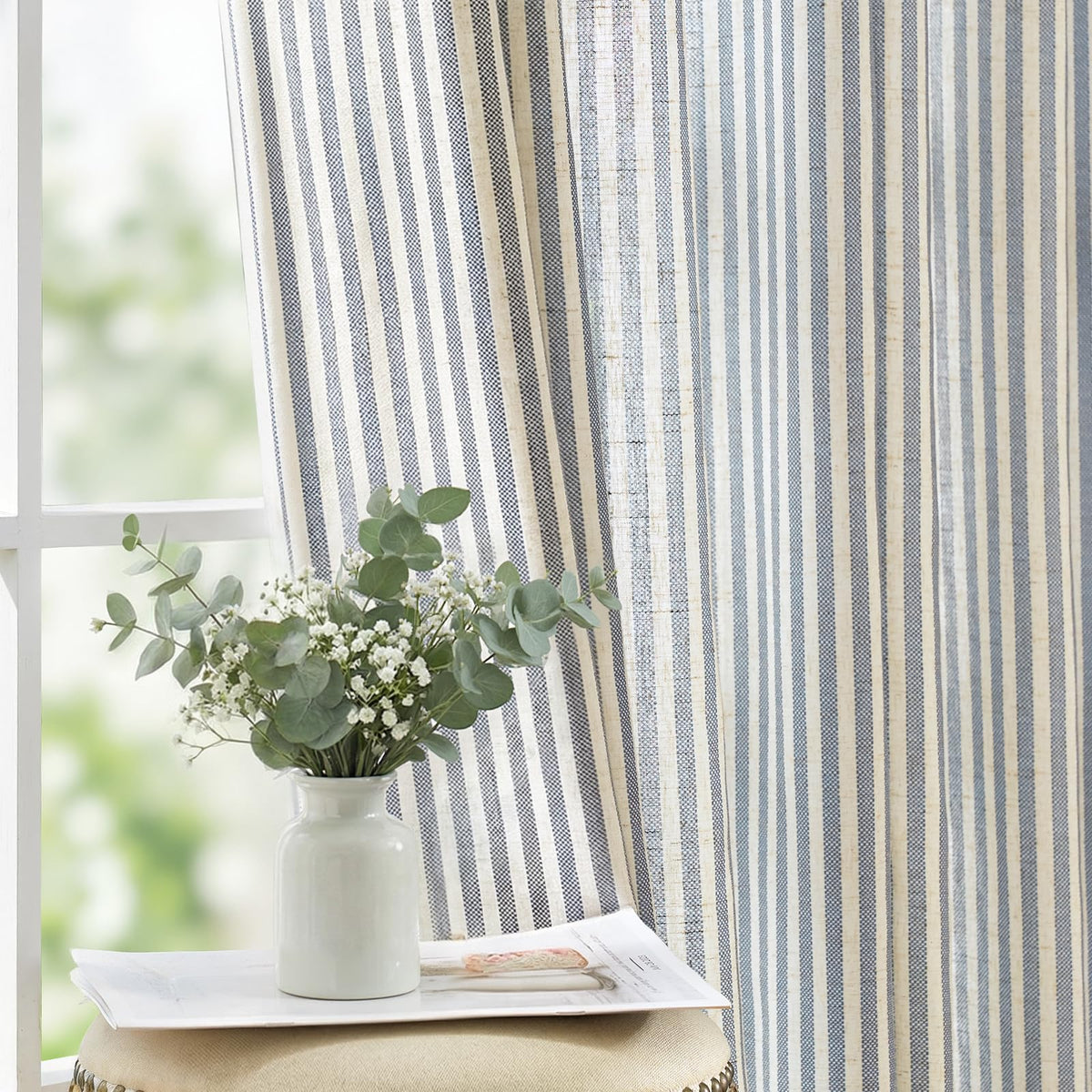 jinchan Linen Curtains 84 Inch Taupe Grey Stripe on Beige Grommet 2 Panels