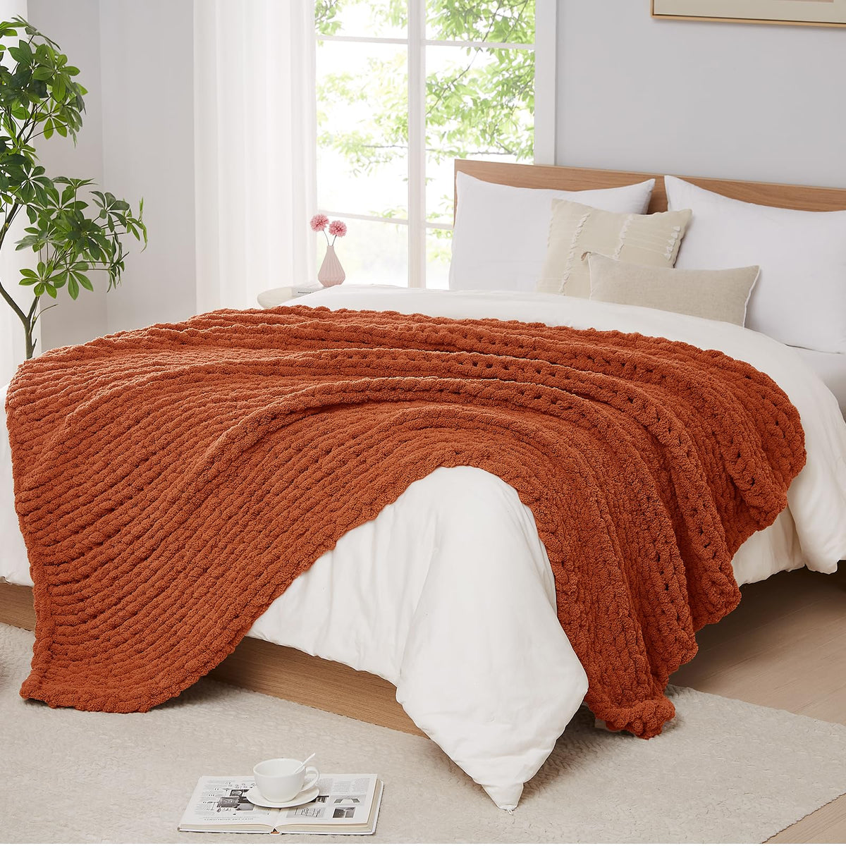 L'AGRATY Chunky Knit Throw Blanket for Couch, 50'' x 60'' Knit Throw, Ivory