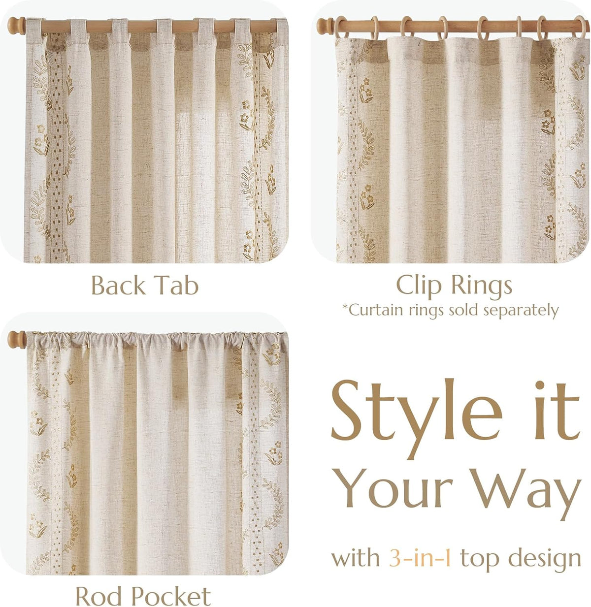 jinchan Floral Linen Curtains 84 Inch Farmhouse Back Tab 2 Panels