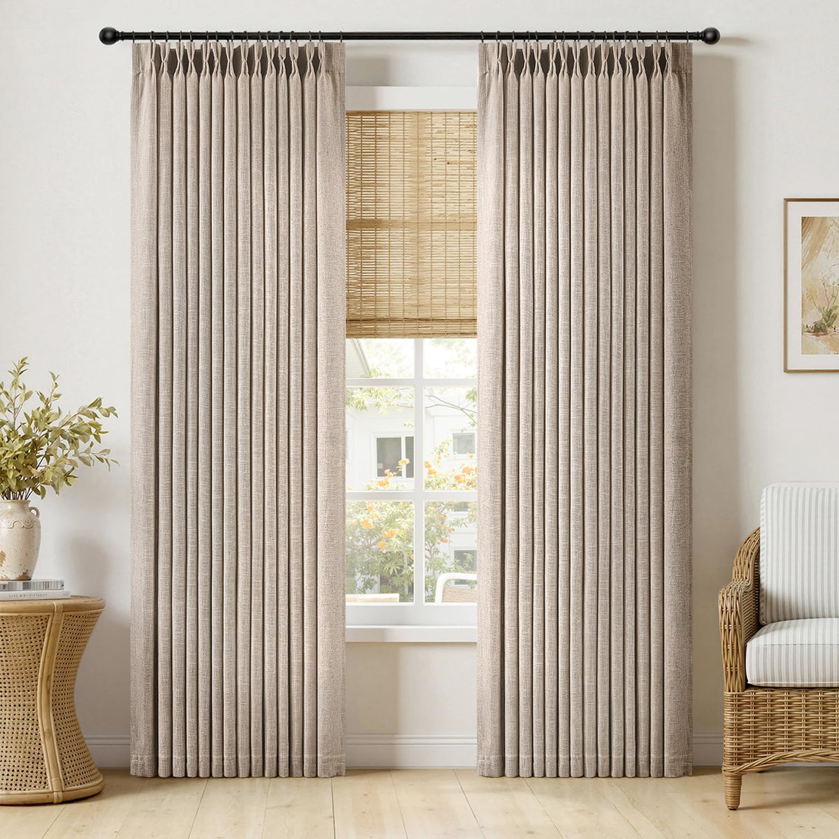 MIULEE Pinch Pleated Linen Curtains 96 Inches Long Beige White 2 Panels
