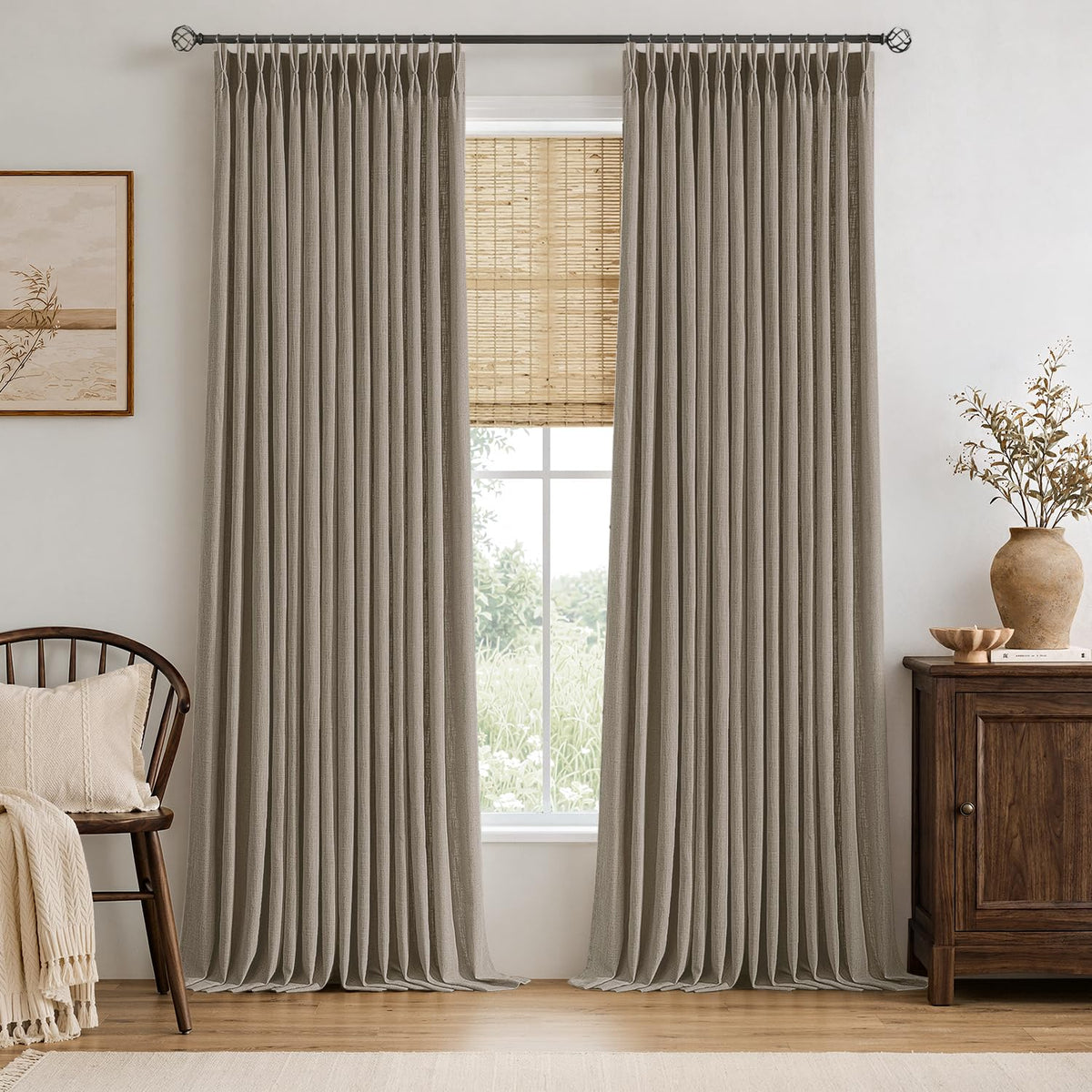 MIULEE Pinch Pleated Linen Curtains 96 Inches Long Beige White 2 Panels
