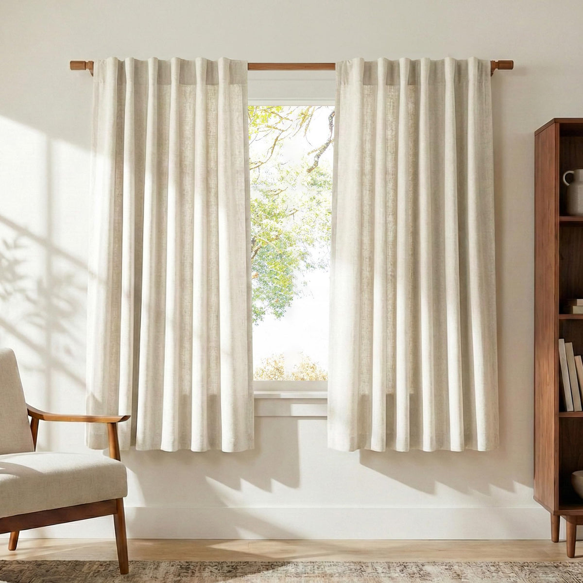 NICETOWN Flax Sheer Linen Curtains for Living Room 95 inch Long 2 Panels, Rod Pocket & Back Tab Semi Sheer Drapes Privacy Added with Light Filtering for Bedroom/Living Room, Natural, W55 x L95