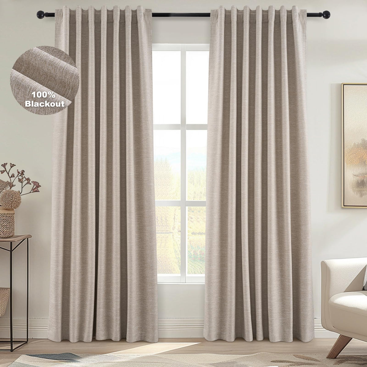 Topfinel Linen Blackout Curtains 96 Inch Long, Boho Farmhouse Ivory Birch Viral Drapes Pinch Pleated Curtains with Hooks for Living Room, Neutral 8 FT Back Tab Bedroom Curtains 52" X 96" 2 Panels