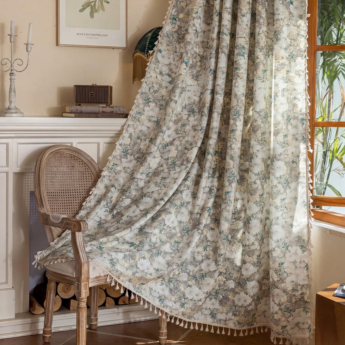 ENJOYBRIDAL Floral Curtains 84 Inch Long Living Room Boho Drapes Bedroom 2 Panels Semi Sheer Floor Length Window Curtain Panels Vintage Rod Pocket Tassel Farmhouse Nursery Window Treatments