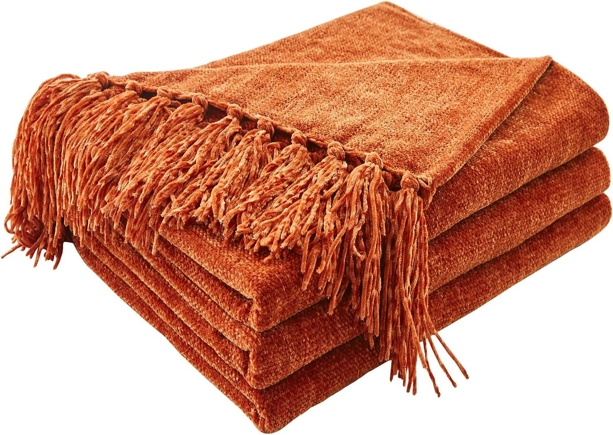 CozeCube Chenille Throw Blanket, Rust Orange Fringe Blanket, 50"X60"