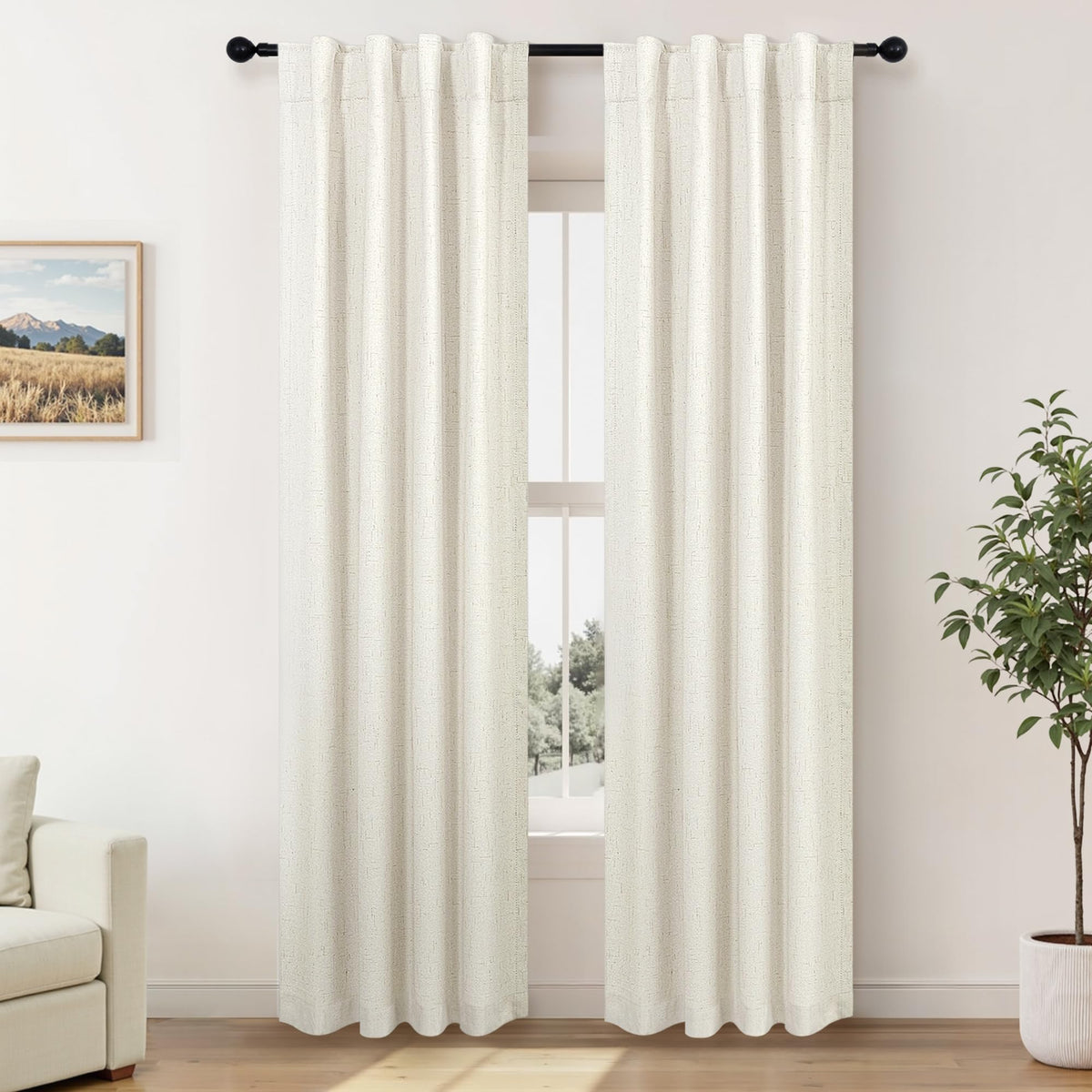 100% Blackout Curtains 84 Inch Length 2 Panels Set Neutral Boho Linen Farmhouse for Bedroom Windows Living Room Darkening Thermal Insulated Drapes Natural Cream Ivory 7ft Long Back Tab Pleated Pocket
