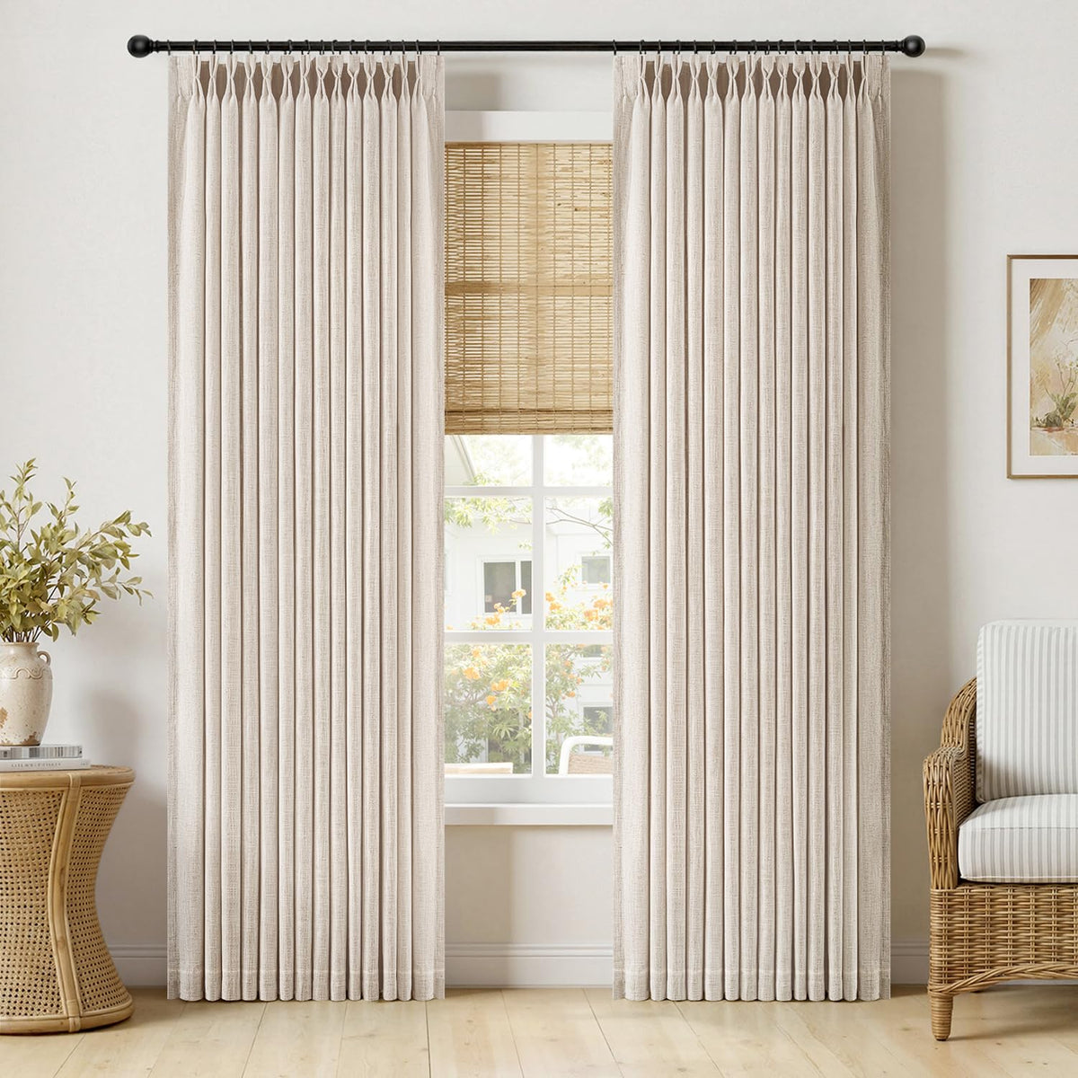 MIULEE Pinch Pleated Linen Curtains 96 Inches Long Beige White 2 Panels