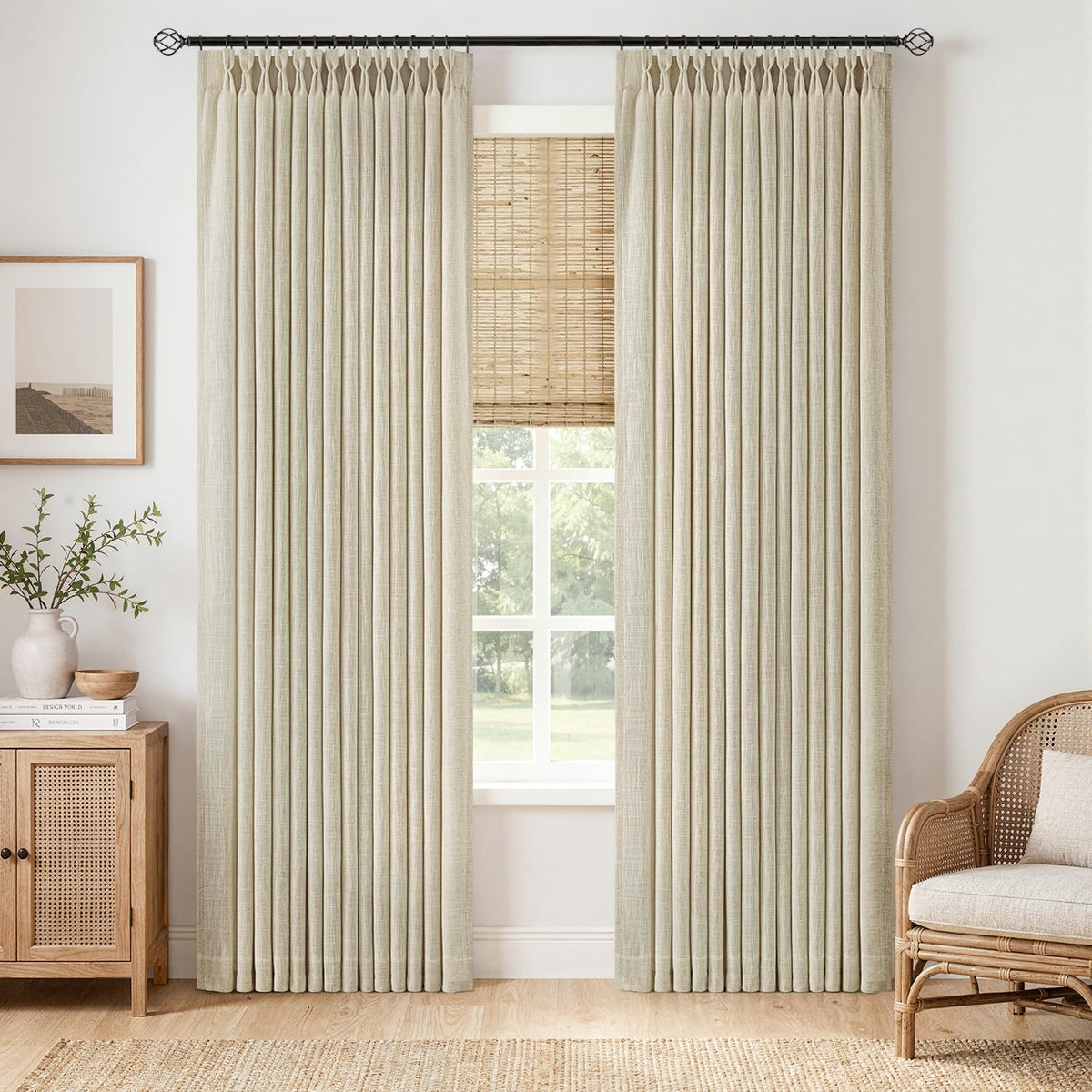 MIULEE Pinch Pleated Linen Curtains 96 Inches Long Beige White 2 Panels