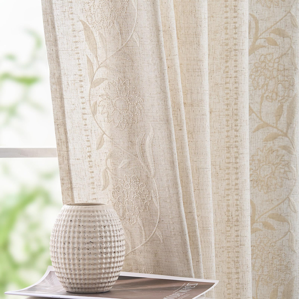jinchan Sage Floral Linen Curtains for Living Room 84" Back Tab 2 Panels