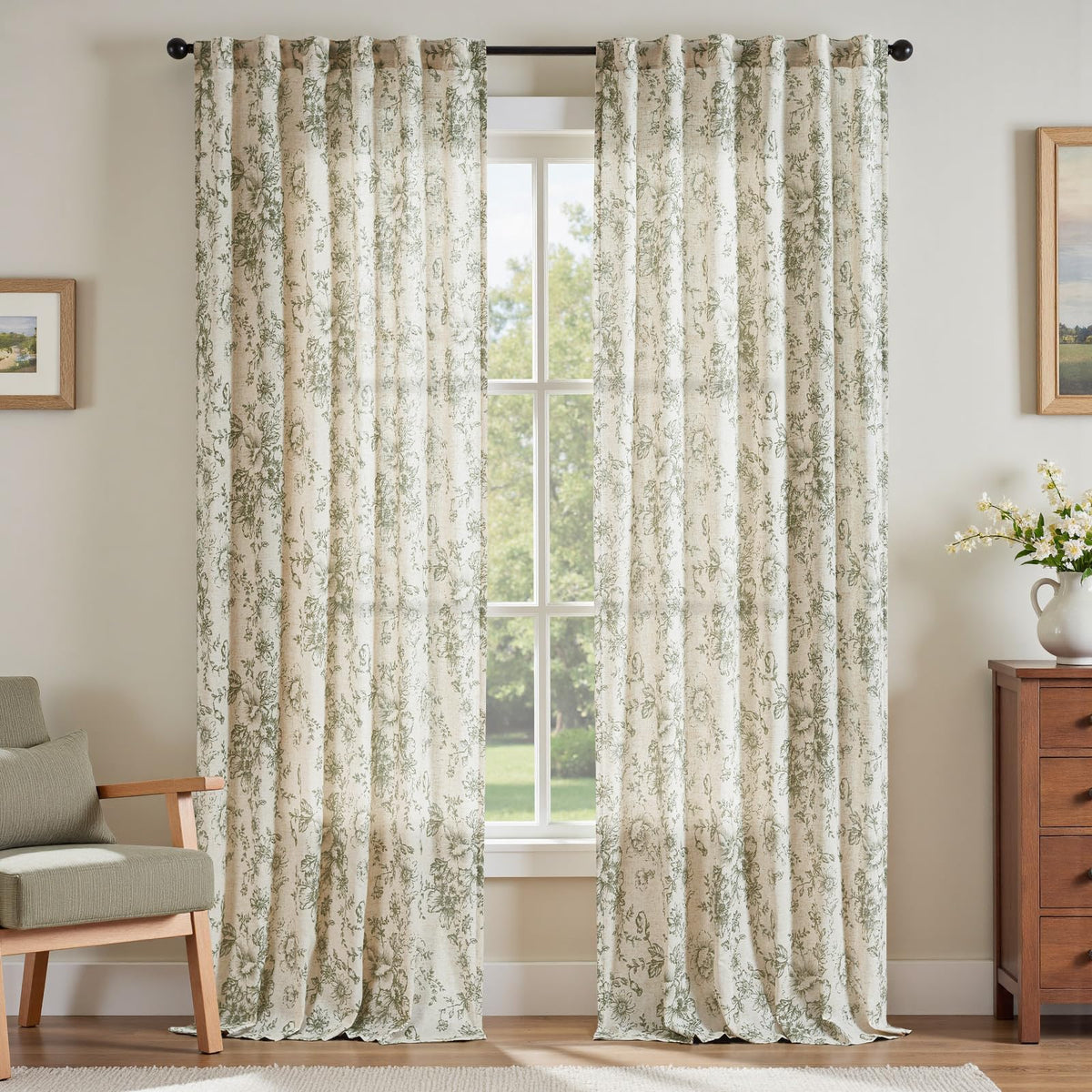 jinchan Vintage Floral Linen Curtains 84 Long for Living Room 2 Panels