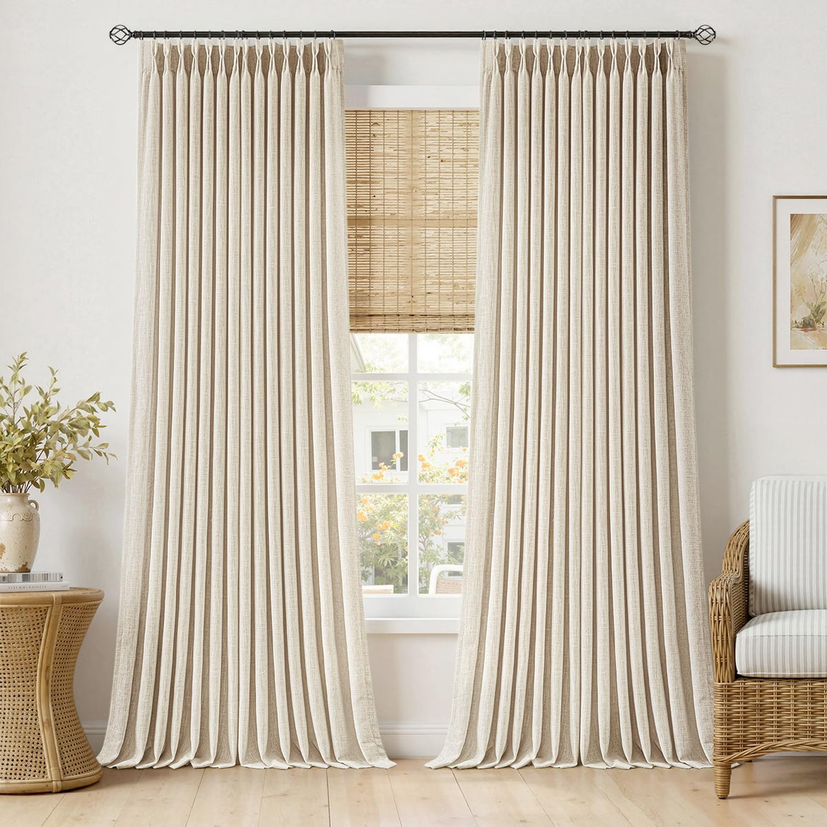 MIULEE Pinch Pleated Linen Curtains 96 Inches Long Beige White 2 Panels