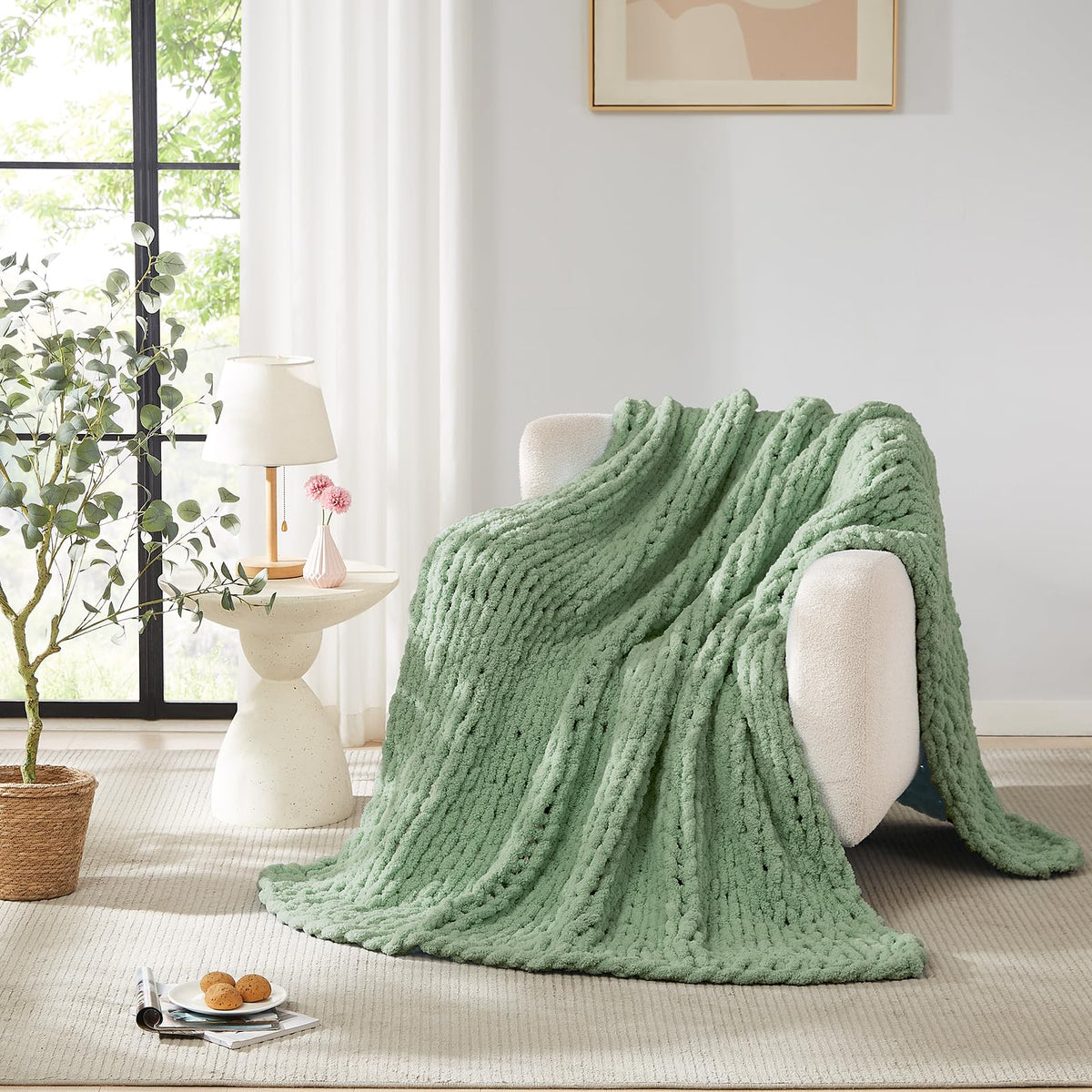L'AGRATY Chunky Knit Throw Blanket for Couch, 50'' x 60'' Knit Throw, Ivory