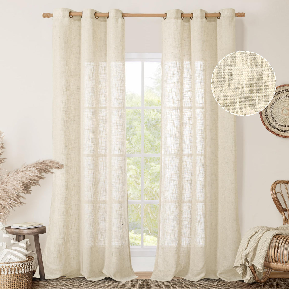 LAMIT Cream Ivory Linen Semi Sheer Curtains 84 inch Length for Bedroom