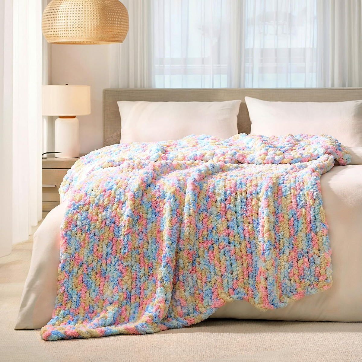 L'AGRATY Chunky Knit Throw Blanket for Couch, 50'' x 60'' Knit Throw, Ivory