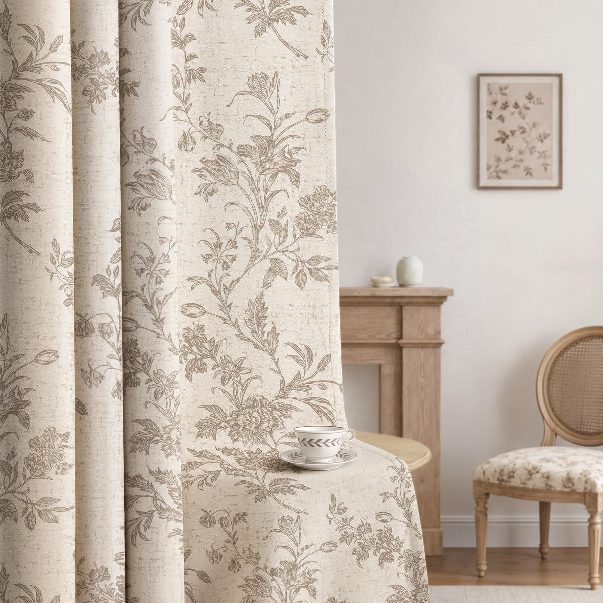 Boho Floral 100% Blackout Curtains 84 Inch 2 Panels Linen Texture