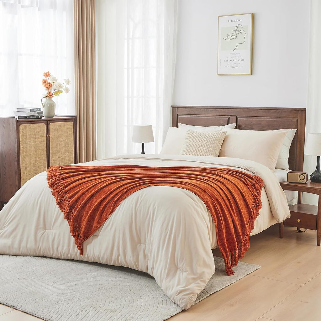 CozeCube Chenille Throw Blanket, Rust Orange Fringe Blanket, 50"X60"