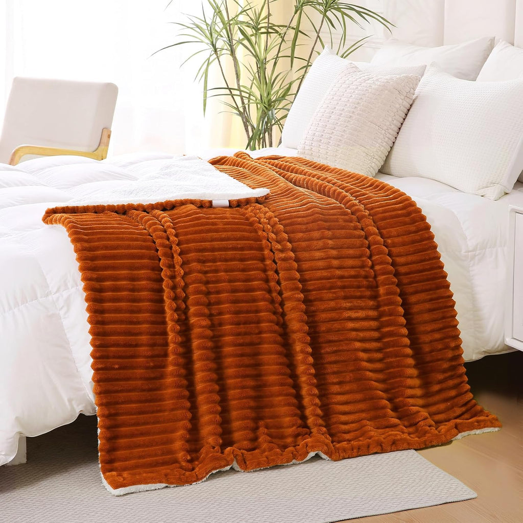 Burnt Orange Sherpa Fleece Throw Blanket 50”×60”Double-sided for Couch