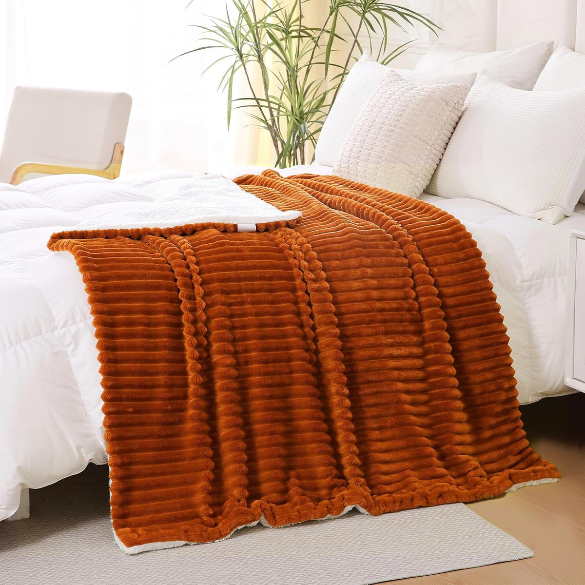Burnt Orange Sherpa Fleece Throw Blanket 50”×60”Double-sided for Couch