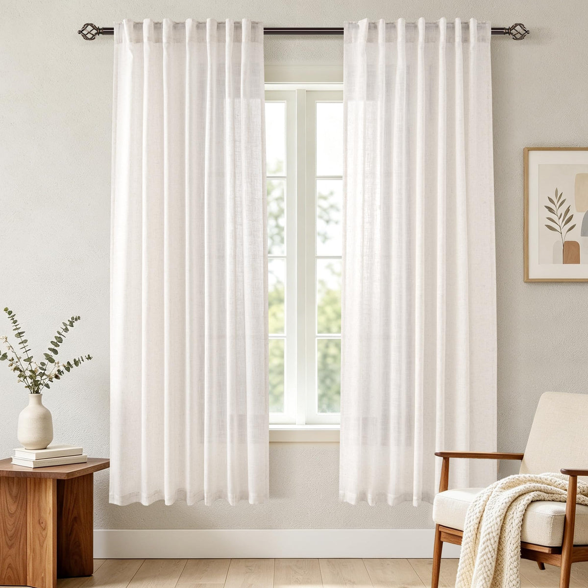 96 inch Long Linen Curtains 2 Panels for Living Room Back Tab Cream Ivory Light Filtering Semi Sheer Curtain 96 inches Long Boho Farmhouse Rustic Linen Drapes Floor to Ceiling Length 8 FT