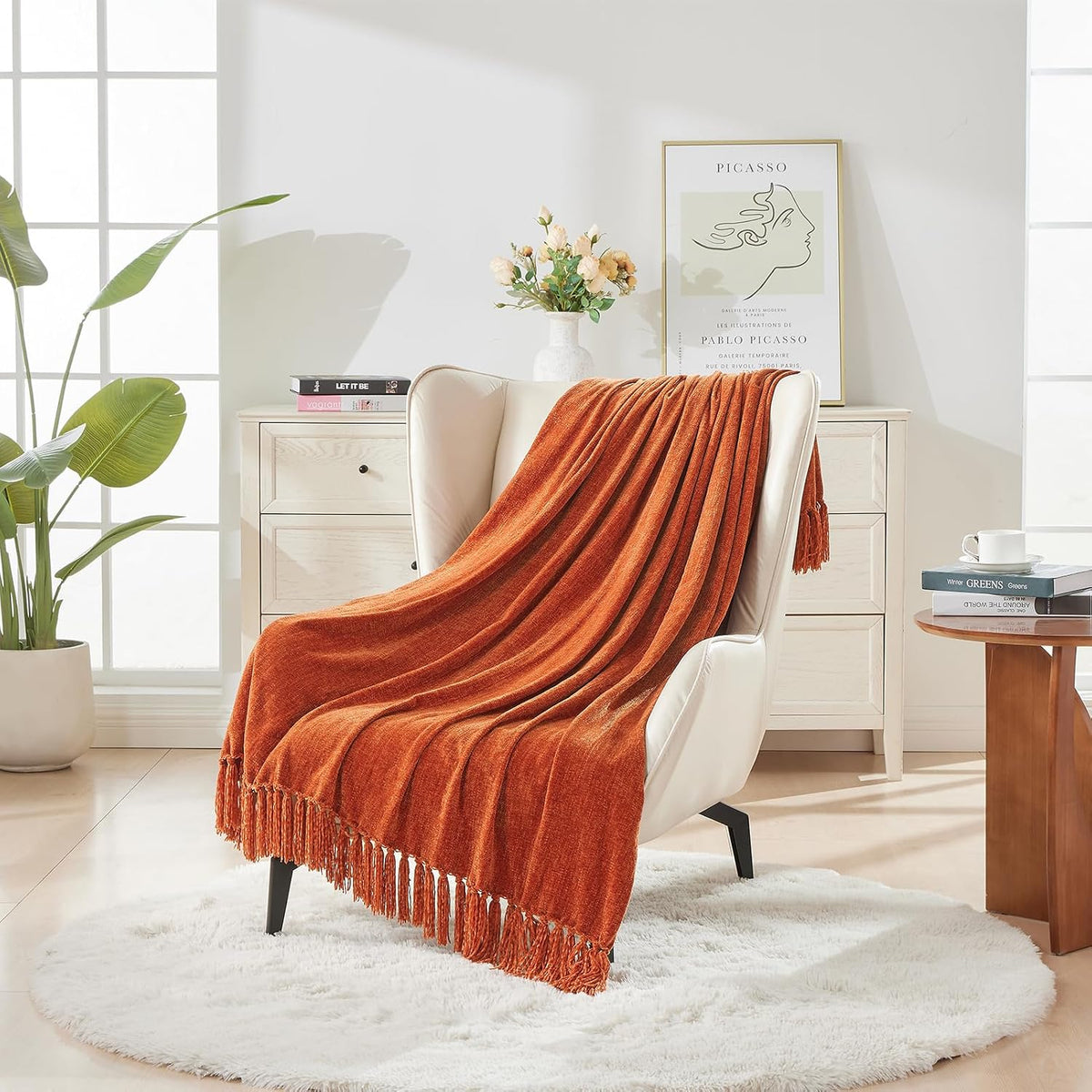 CozeCube Chenille Throw Blanket, Rust Orange Fringe Blanket, 50"X60"