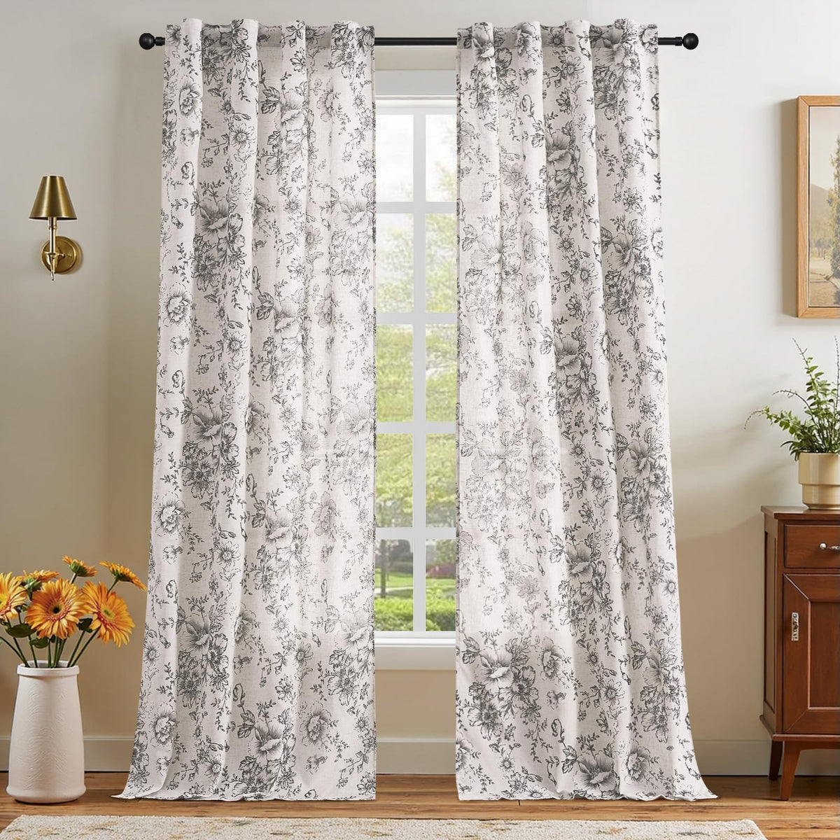 jinchan Vintage Floral Linen Curtains 84 Long for Living Room 2 Panels