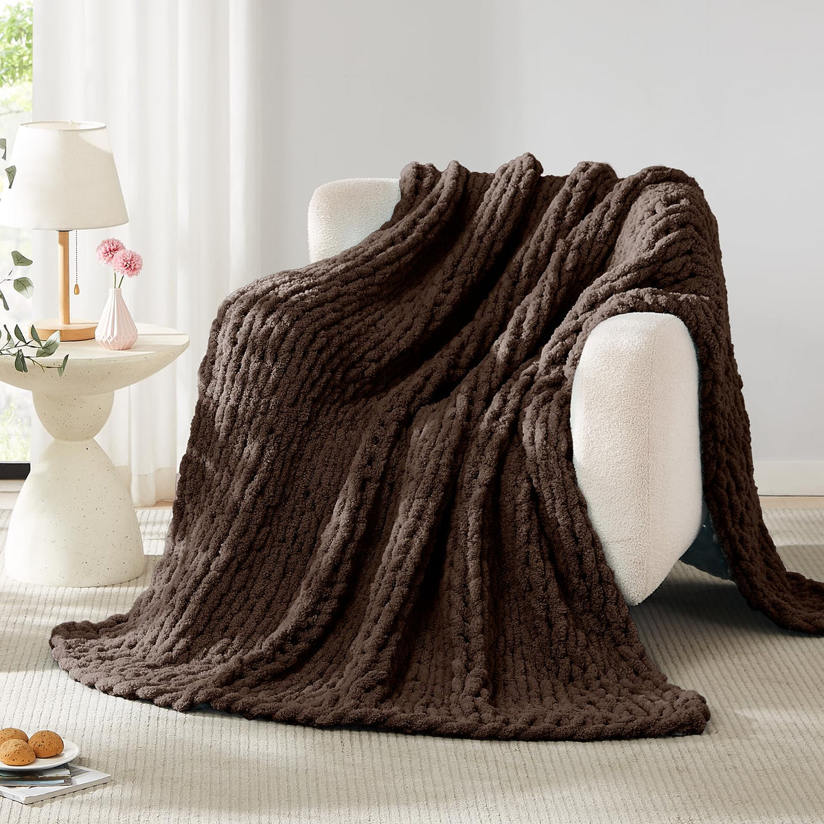 L'AGRATY Chunky Knit Throw Blanket for Couch, 50'' x 60'' Knit Throw, Ivory