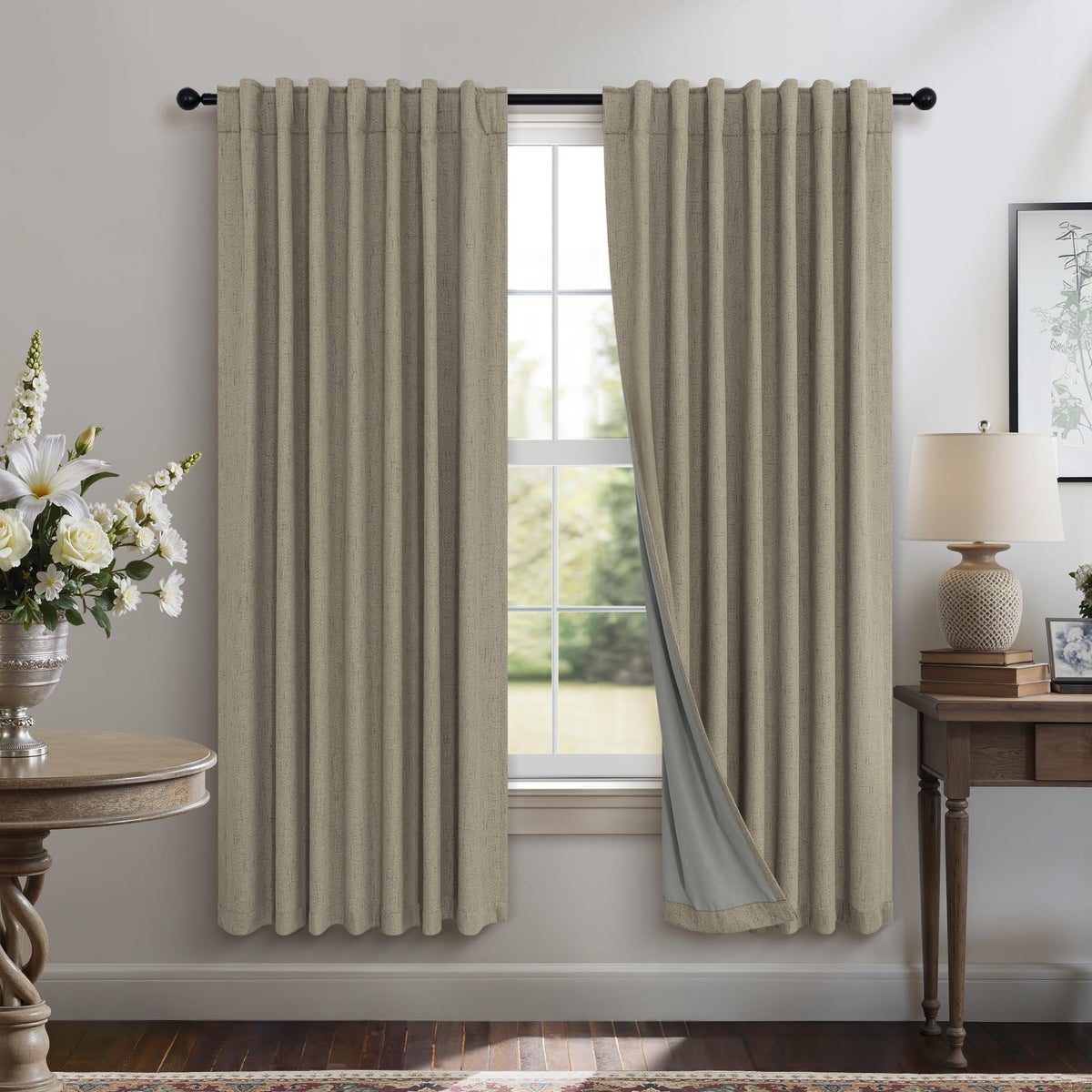 100% Blackout Curtains 84 Inch Length 2 Panels Set Neutral Boho Linen Farmhouse for Bedroom Windows Living Room Darkening Thermal Insulated Drapes Natural Cream Ivory 7ft Long Back Tab Pleated Pocket