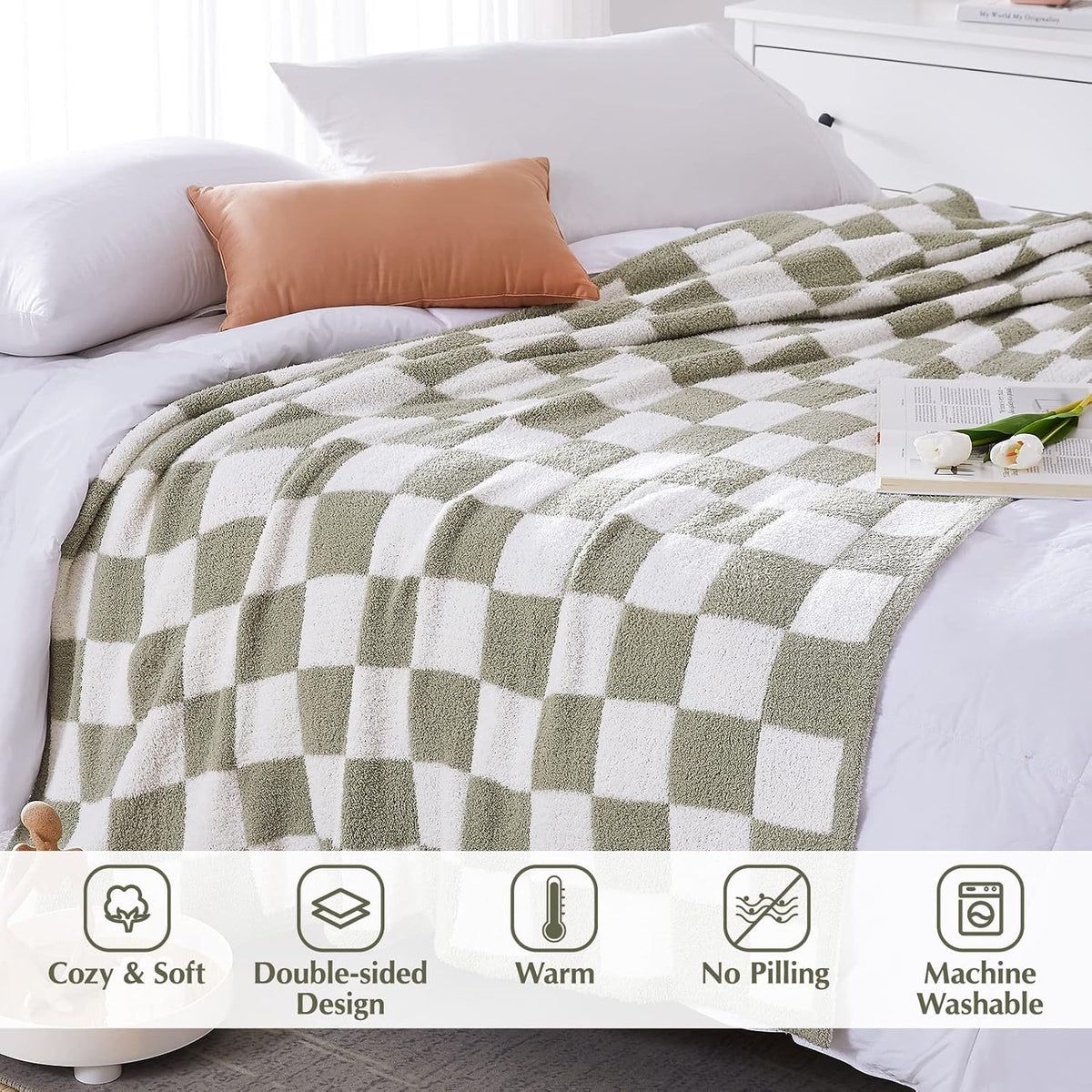 WRENSONGE Soft Checkered Throw Blanket for Couch-Cozy Warm Knitted Blankets