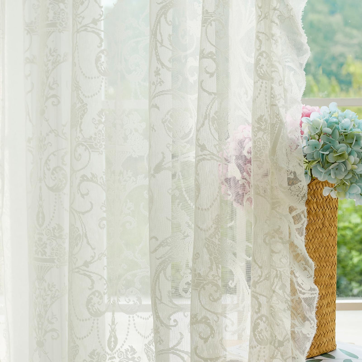 TUDECO Lace Maroon Curtains 96 Inches Long 1 Pair - French Floral Sheer Burgundy Curtains for Living Room, Art Decor Rod Pocket Ruffled Edges Dark Wine Red Drapes, 59 x 96 Inch, Burgundy