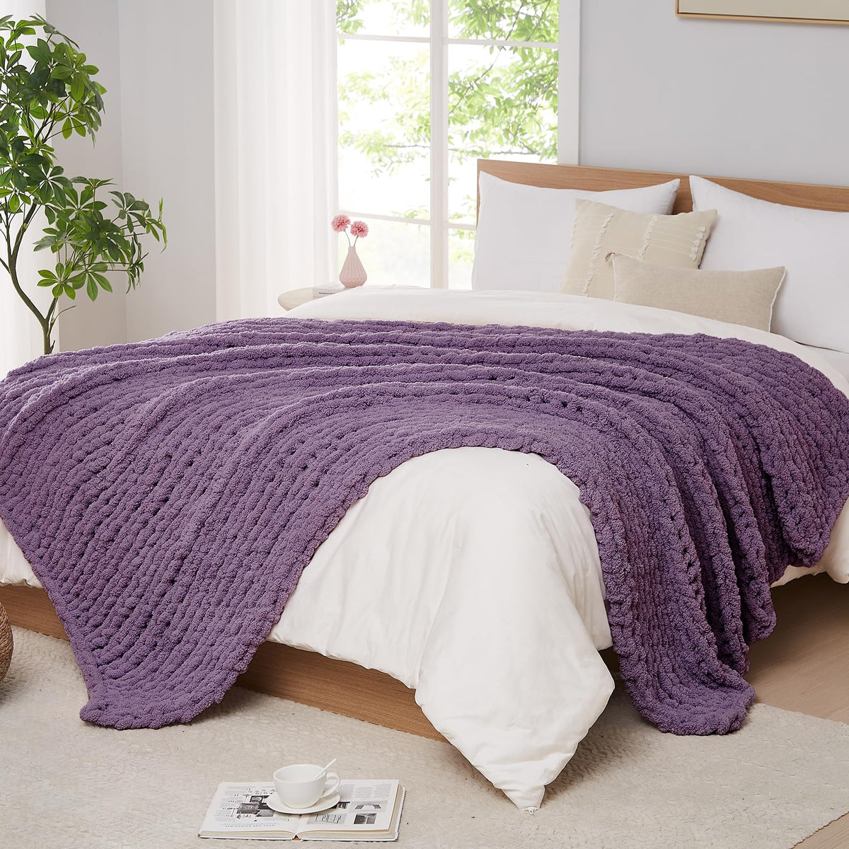 L'AGRATY Chunky Knit Throw Blanket for Couch, 50'' x 60'' Knit Throw, Ivory