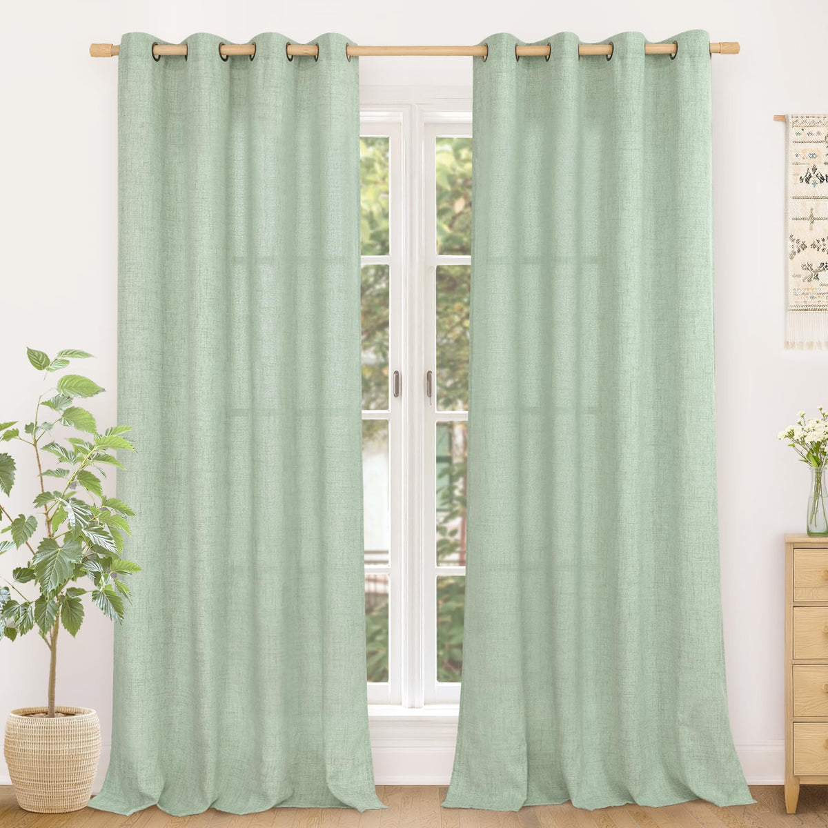 YoungsTex Linen Semi Sheer Curtains 63 Inch Length, Light Filtering Drapes