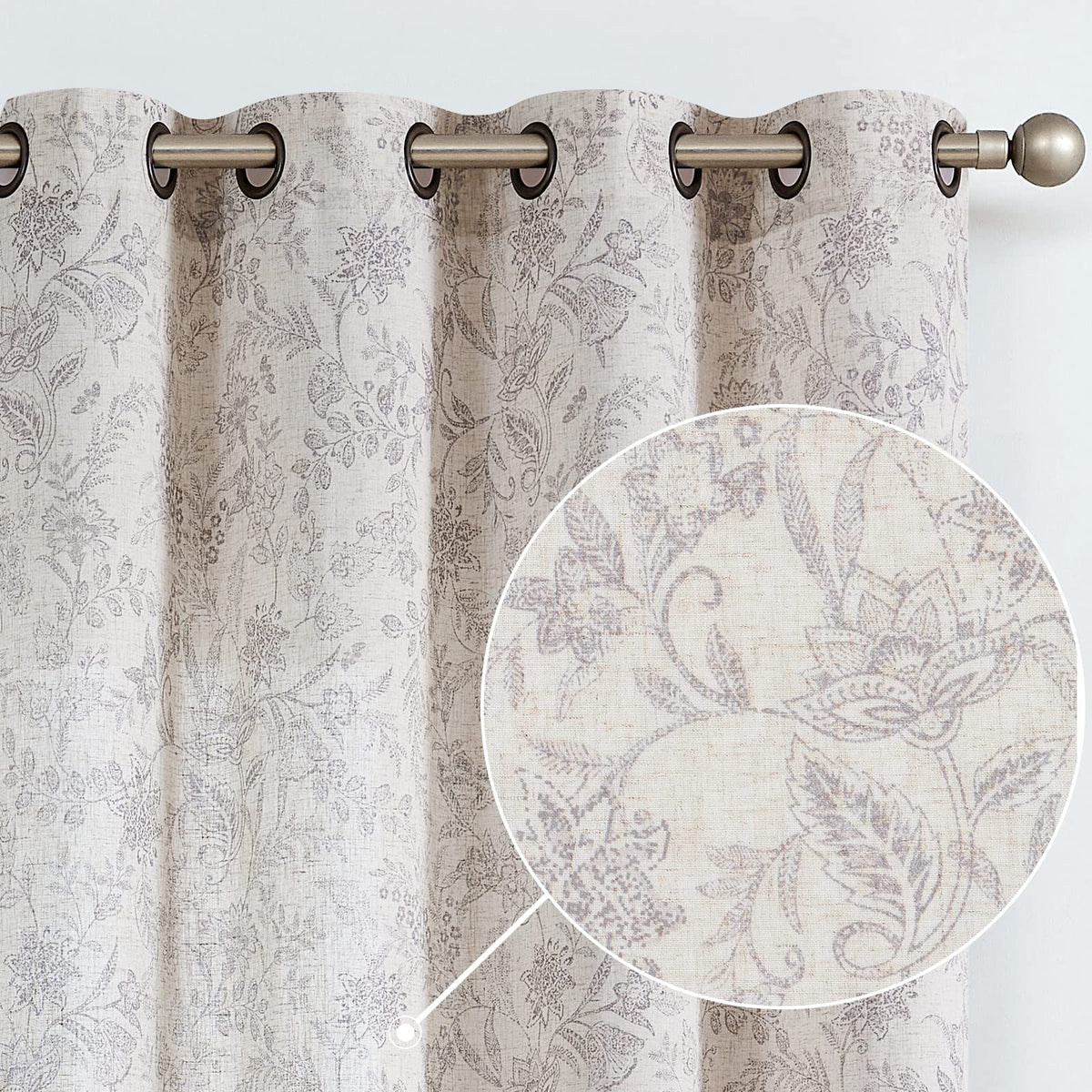 Lazzzy Grey Floral Linen Curtains Farmhouse Grommet Top 50W X 63L 2 Panels