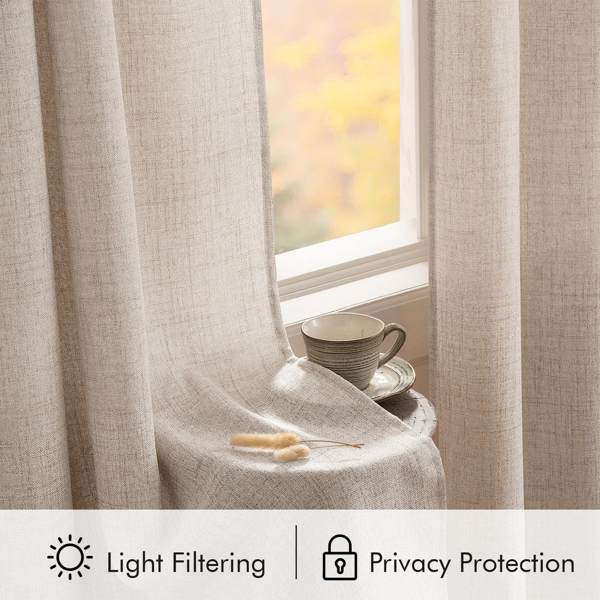 MIULEE Faux Linen Curtains 90 Inch Length 2 Panels Natural Semi Sheer Curtain with Back Tab Rod Pocket, Light Filtering Window Privacy Burlap Drapes for Living Room Bedroom 42W x 90L Linen