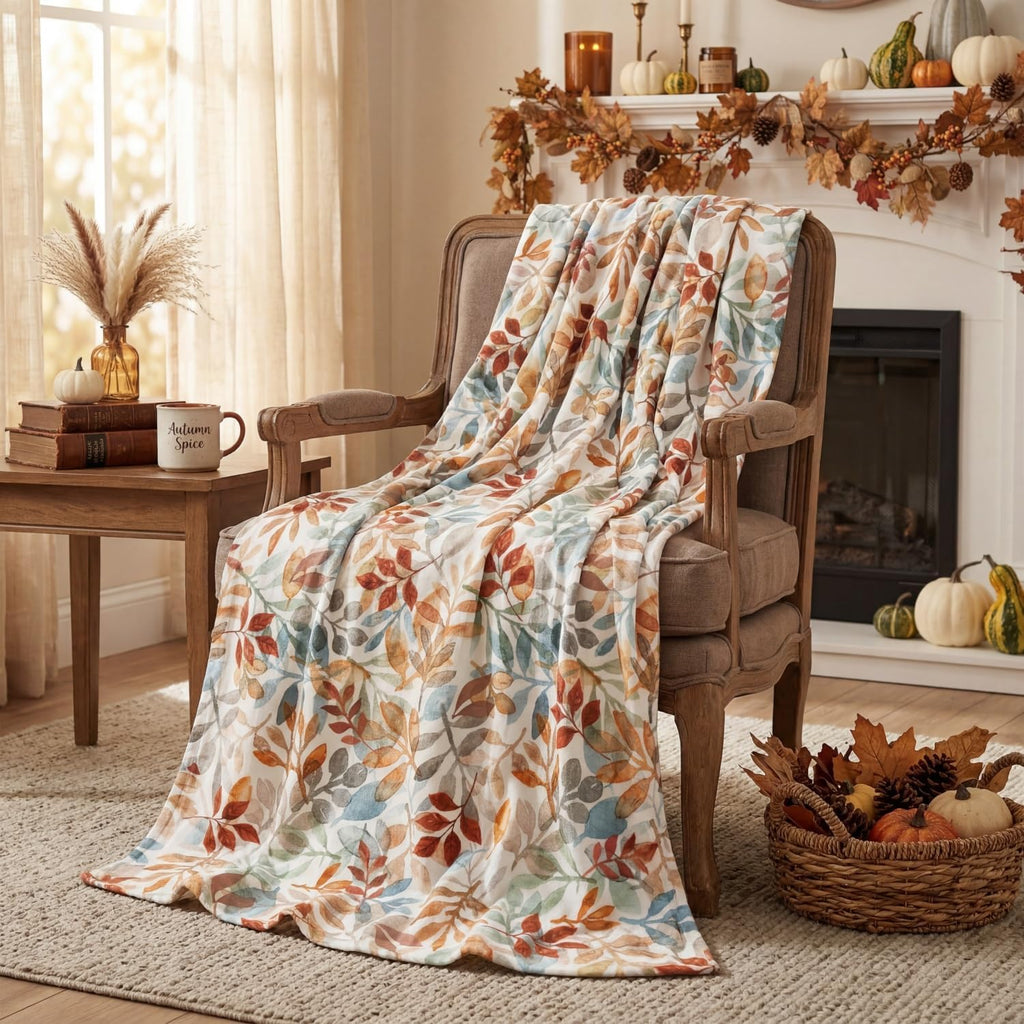Horaldaily Fall Orange Blue Watercolor Leaves Flannel Throw Blanket 50x60