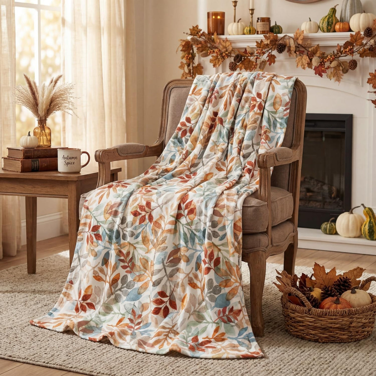 Horaldaily Fall Orange Blue Watercolor Leaves Flannel Throw Blanket 50x60