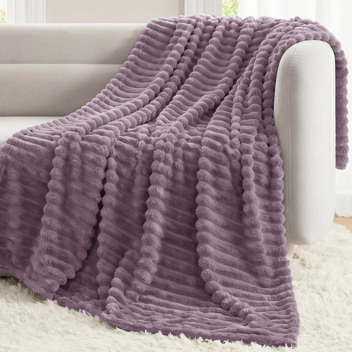 CozyLux Black Throw Blanket for Couch, Ribbed Fleece, 50 x 60 Inch