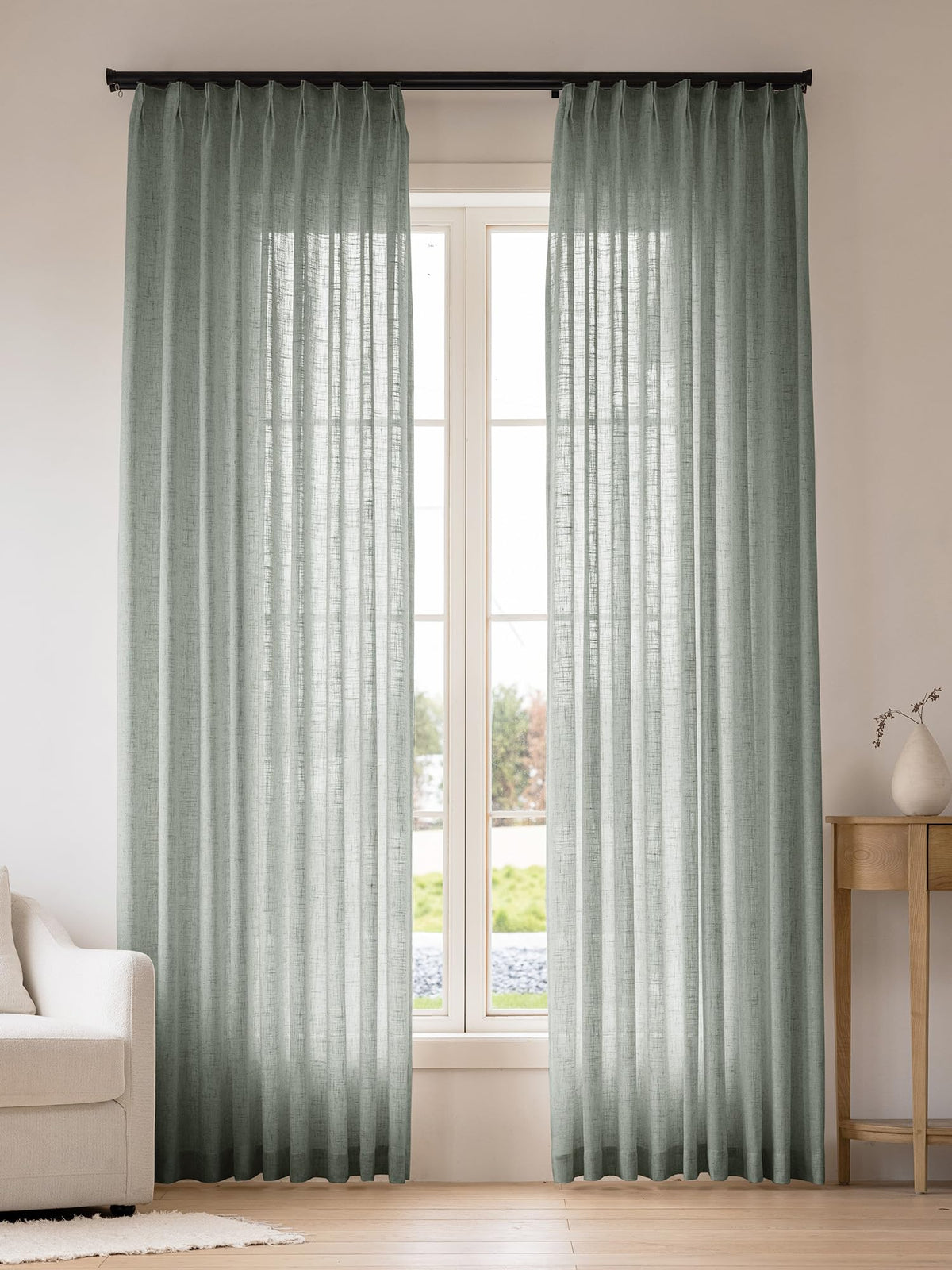 Liz Sheer Pinch Pleated Linen Curtains 90 Inches Long - Light Filtering Pleat Curtains for Living Room,Window Curtains for Bedroom, Luxury Pinch Pleated Drapes with Hooks, Natural, 2 Panels Set