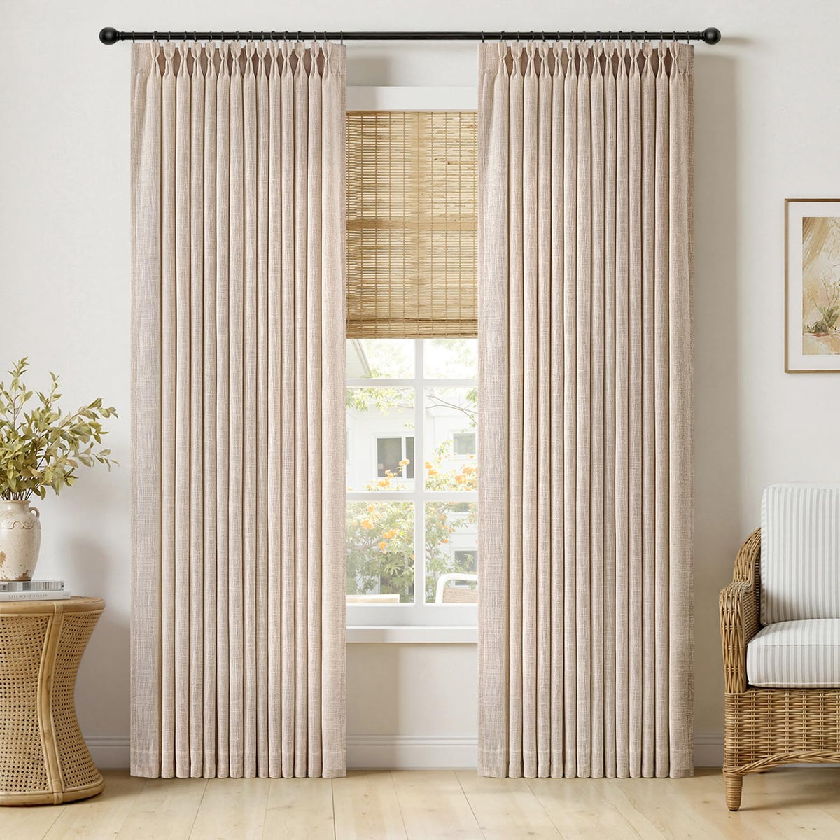 MIULEE Pinch Pleated Linen Curtains 96 Inches Long Beige White 2 Panels