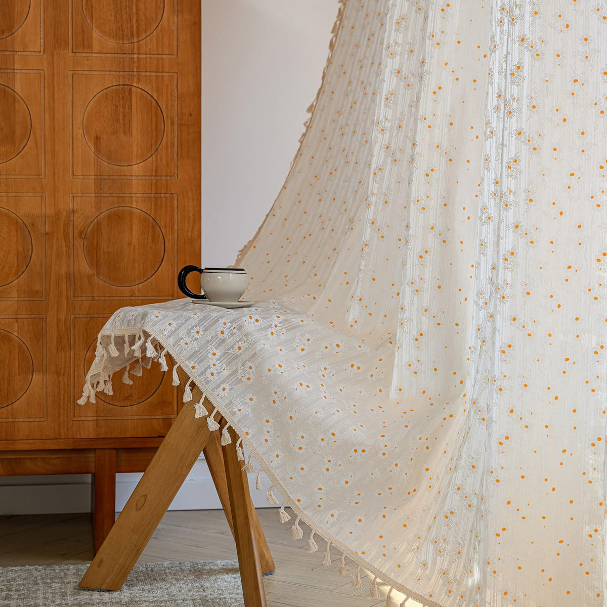 ENJOYBRIDAL Floral Curtains 84 Inch Long Living Room Boho Drapes Bedroom 2 Panels Semi Sheer Floor Length Window Curtain Panels Vintage Rod Pocket Tassel Farmhouse Nursery Window Treatments