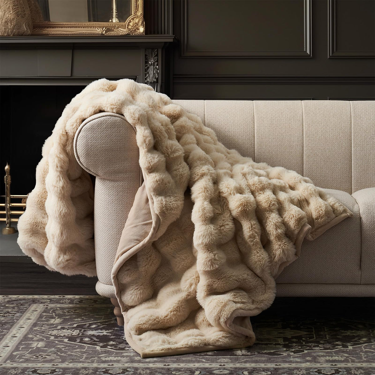 EverGrace Faux Rabbit Fur Bubble Throw Blanket, 60"x80", Ivory White