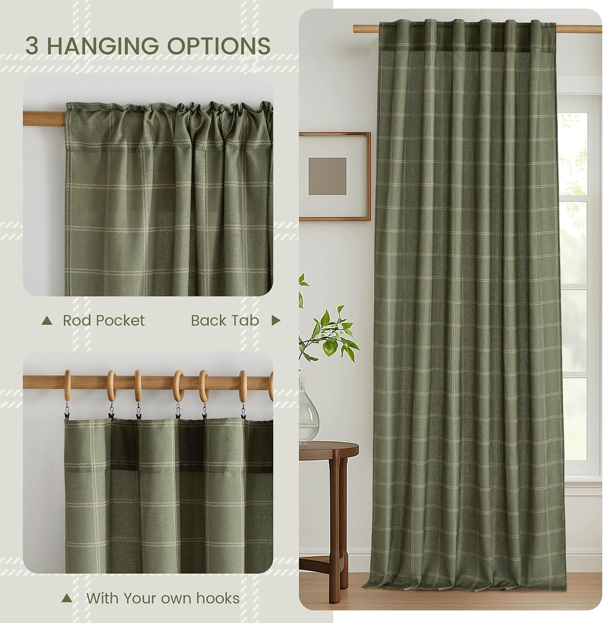 NICETOWN Moss Green Linen Plaid Curtains 96 inches Long for Bedroom