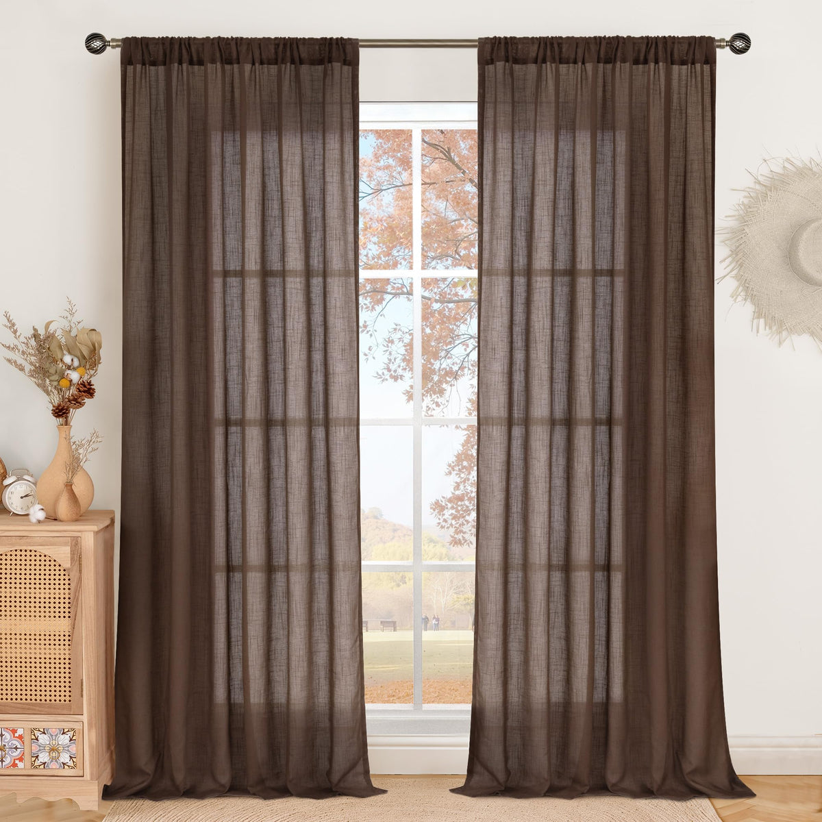 BGment Tan Linen Curtains 84 Inch Length 2 Panels Burlap Semi Sheer Drapes