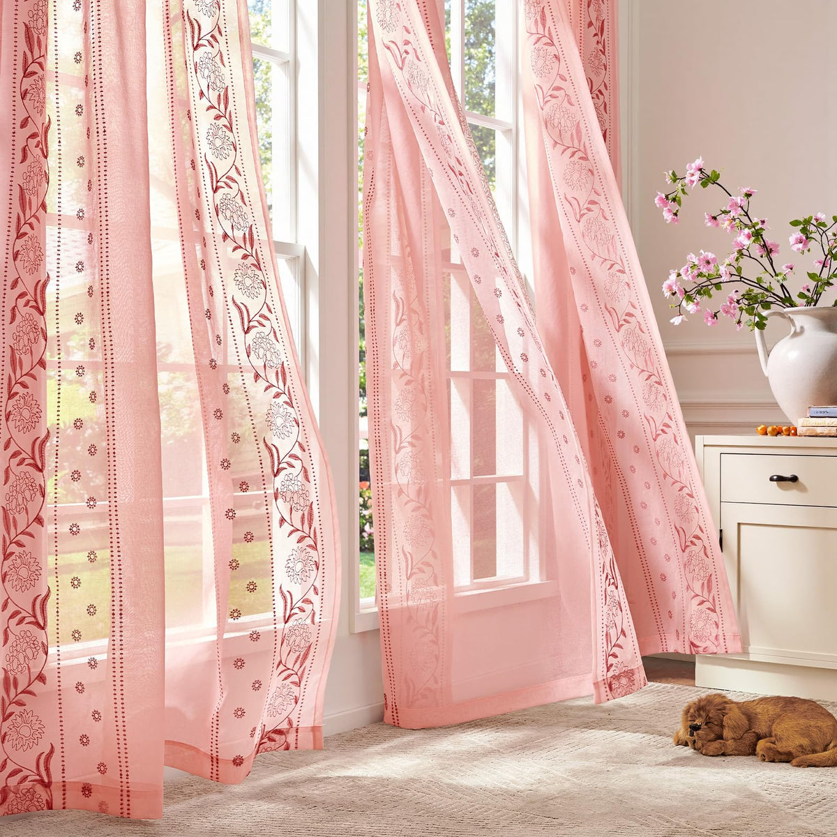 jinchan Sage Floral Linen Curtains for Living Room 84" Back Tab 2 Panels