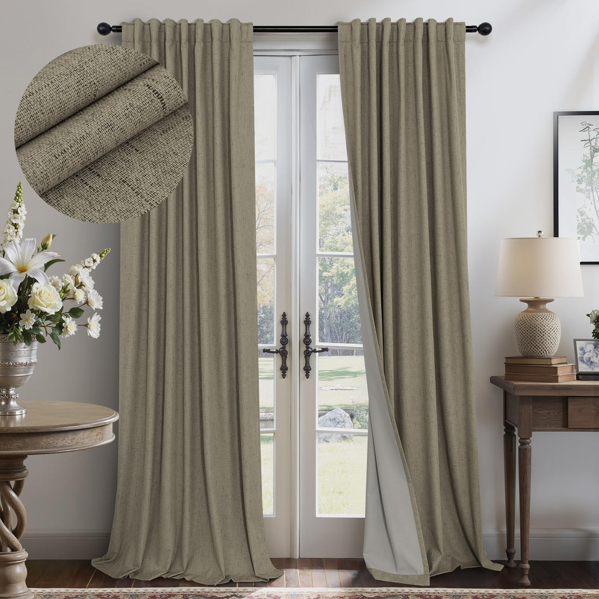 100% Blackout Curtains 84 Inch Length 2 Panels Set Neutral Boho Linen Farmhouse for Bedroom Windows Living Room Darkening Thermal Insulated Drapes Natural Cream Ivory 7ft Long Back Tab Pleated Pocket