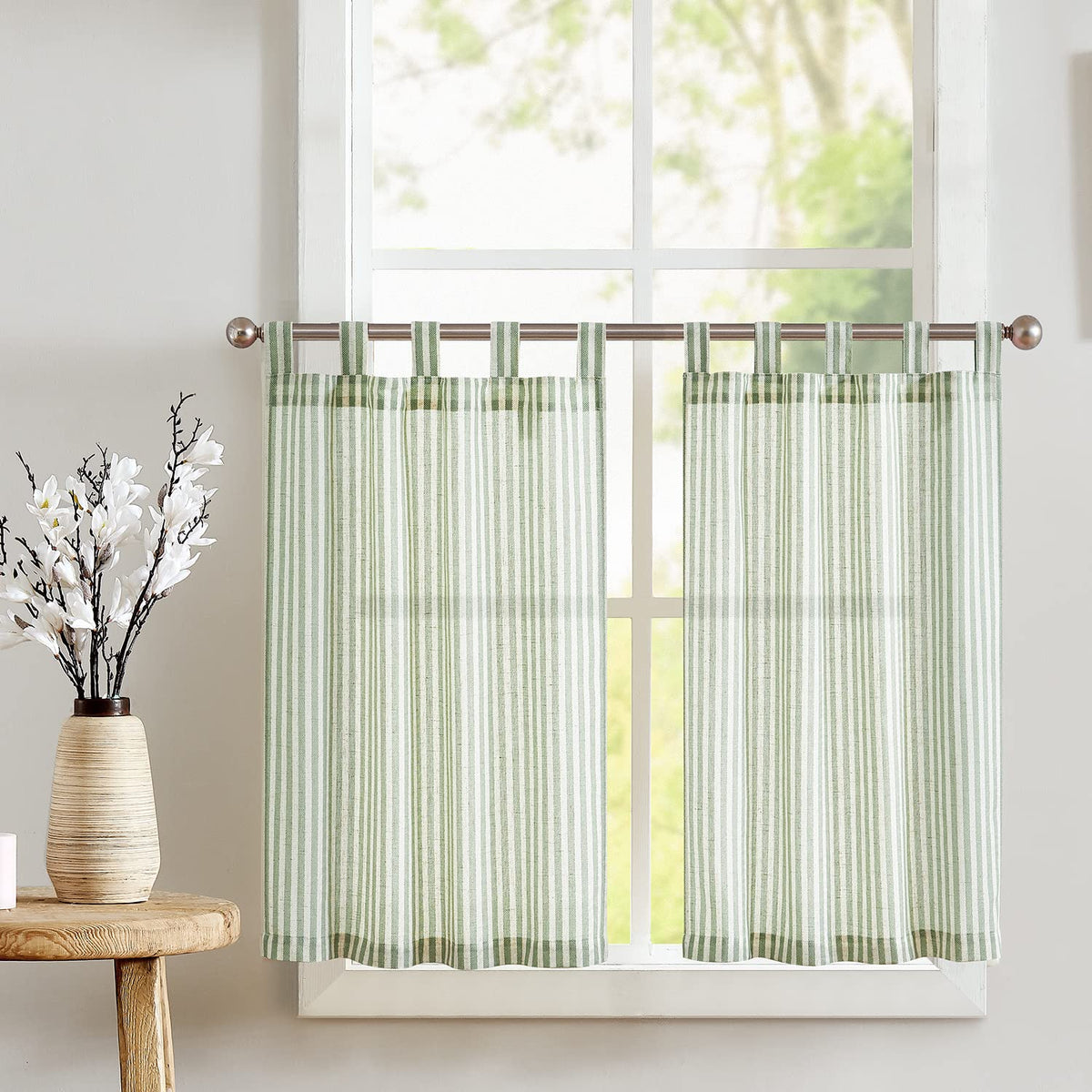 jinchan Striped Linen Kitchen Curtains 36 Inches Length Tier Curtains Farmhouse Modern Cafe Style Small Window Treatments Airy Light Filtering Rod Pocket for Living Room Bathroom 2 Panels Sage Green