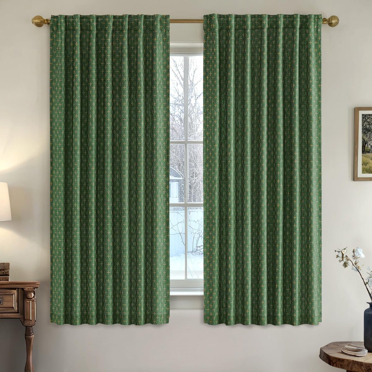 MIULEE Patterned Farmhouse Linen Curtains, Back Tab, 52Wx84L, Blue