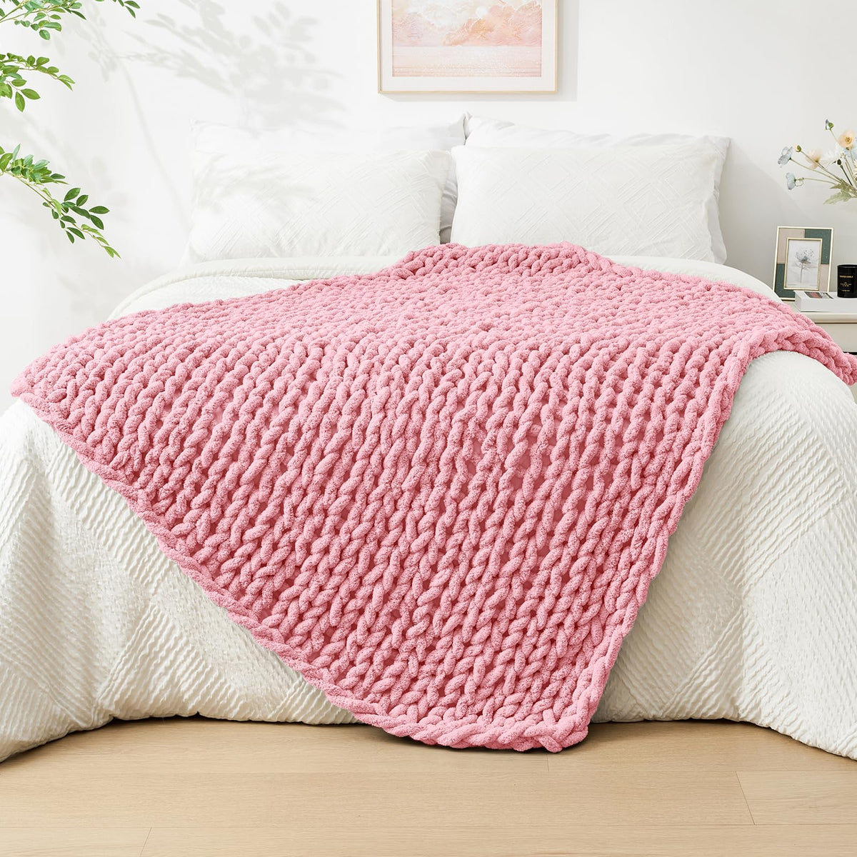 Bigacogo Chunky Knit Throw Blanket for Couch, 40x60 inches, Beige